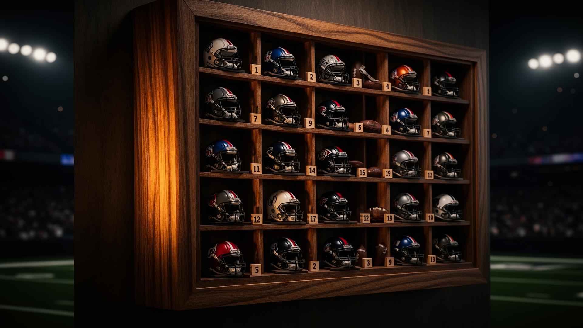 The NFL Standings Matrix display case with 32 mini helmets