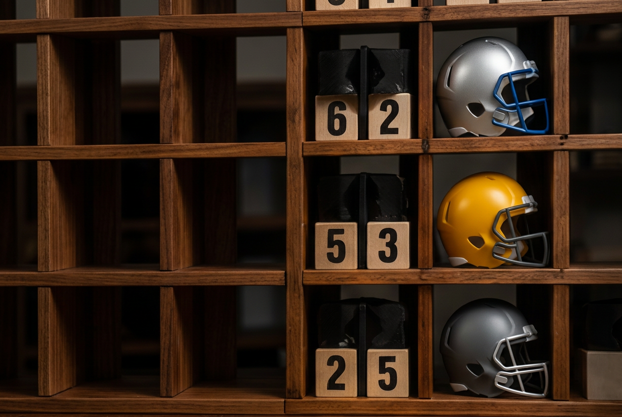 Rotating wooden number cubes beside unbranded mini football helmets