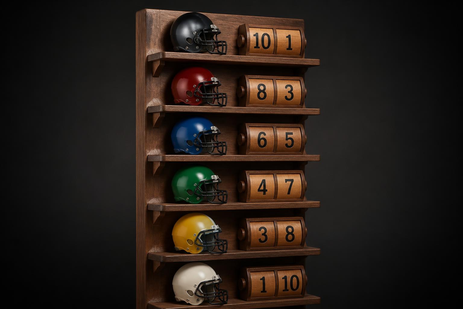 Wooden display showing helmets, record cubes, and ranking positions