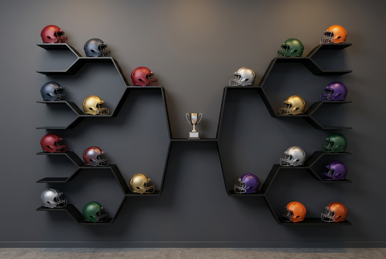Playoff bracket display with unbranded football helmets