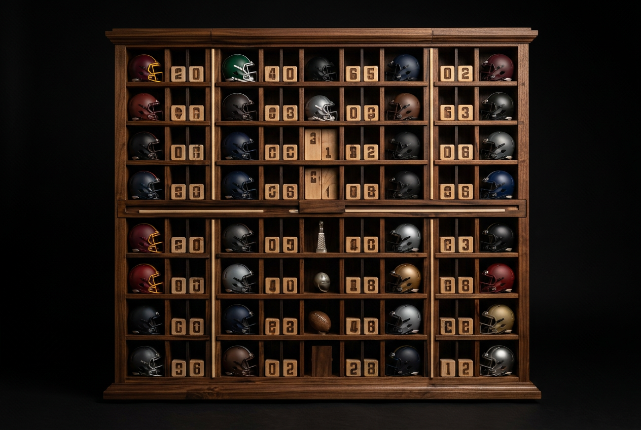 Complete wooden standings matrix with unbranded football helmets
